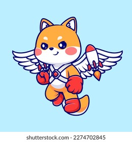 Cute Shiba Inu Dog With Wings And Rocket Cartoon Vector Icon Illustration. Animal Holiday Icon Concept Isolated Premium Vector. Flat Cartoon Style