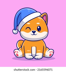 Cute Shiba Inu Dog Winter Sitting With Beanie Hat Cartoon Vector Icon Illustration. Animal Nature Icon Concept Isolated Premium Vector. Flat Cartoon Style