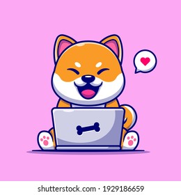 Cute Shiba Inu Dog Working On Laptop Cartoon Vector Icon Illustration. Animal Technology Icon Concept Isolated Premium Vector. Flat Cartoon Style