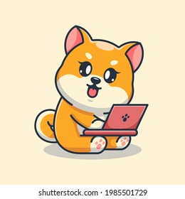 Cute shiba inu Hund, der an einem Laptop-Cartoon arbeitet