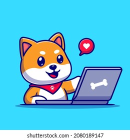 Cute Shiba Inu Dog Working On Laptop Cartoon Vector Icon Illustration. Animal Technology Icon Concept Isolated Premium Vector. Flat Cartoon Style