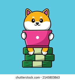 Cute Shiba Inu Dog Working On Laptop Cartoon Vector Icon Illustration. Animal Business Icon Concept Isolated Premium Vector