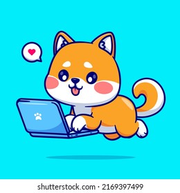 Cute Shiba Inu Dog Working On Laptop Cartoon Vector Icon Illustration. Animal Technology Icon Concept Isolated Premium Vector. Flat Cartoon Style