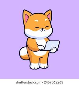 Lindo perro shiba inu trabajando en la ilustración de icono de Vector de dibujos animados portátil. Mascota de logotipo de dibujos animados de estilo plano