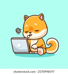 Cute Shiba Inu Dog Working On Laptop Cartoon Vector Icon 
Illustration. Animal Technology Icon Concept Isolated 
Premium Vector. Flat Cartoon Style 