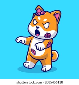 Cute Shiba Inu Dog Zombie Cartoon Vector Icon Illustration. Animal Halloween Icon Concept Isolated Premium Vector. Flat Cartoon Style 