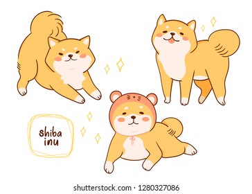 Cute Shiba Inu dogs in various poses. Hand drawn kawaii colored vector set. All elements are isolated