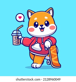 Cute Shiba Inu Drink Boba Milk Tea With Skateboard  Cartoon Vector Icon Illustration. Animal Drink Icon Concept Isolated Premium Vector. Flat Cartoon Style