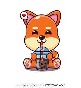 cute shiba inu drink boba milk tea cartoon vector illustration.