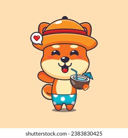 Cute shiba inu drink coconut cartoon illustration. Cute summer cartoon illustration. 