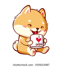 Cute Shiba Inu Drinks Coffee