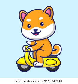 Cute Shiba Inu Driving the Scooter Cartoon Vector Icon Illustration. Animal Character Mascot Flat Concept.