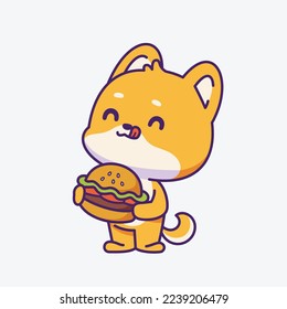 Cute shiba inu eating burger cartoon illustration