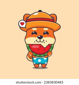 Cute shiba inu eating fresh watermelon cartoon illustration. Cute summer cartoon illustration. 