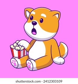 Cute Shiba Inu Eating Popcorn Cartoon Vector Icons Illustration. Flat Cartoon Concept. Suitable for any creative project.