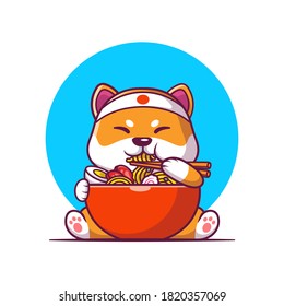 Cute Shiba Inu Eating Ramen Noodle Cartoon Vector Icon Illustration. Animal Food Icon Concept Isolated Premium Vector. Flat Cartoon Style