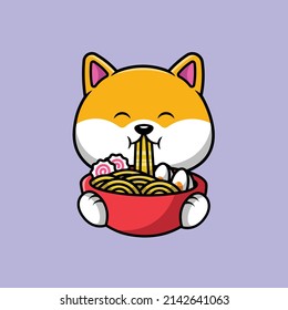 Cute Shiba Inu Eating Ramen Noodle Cartoon Vector Icon Illustration. Animal Food Icon Concept Isolated Premium Vector.