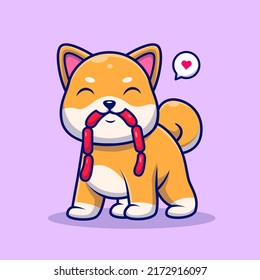 Cute Shiba Inu Eating Sausage Cartoon Vector Icon Illustration. Animal Nature Icon Concept Isolated Premium Vector. Flat Cartoon Style