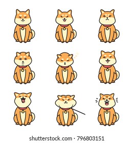 Cute Shiba Inu Emotions Stickers Vector Set.