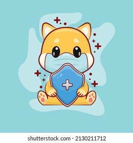 Cute Shiba Inu With Face Mask Holding Shield Shape Cartoon Vector Icon Illustration. Animal Nature Icon Concept Isolated Premium Vector. Flat Cartoon Style