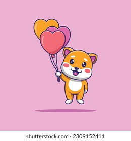 Cute Shiba Inu floating with ballons vector in funny animal cartoon illustration style