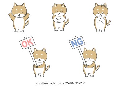 Cute Shiba Inu full body illustration set of 5 poses