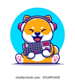 Cute Shiba Inu Gaming Dog With Headphone And Holding Keyboard Cartoon Vector Icon Illustration. Animal Technology Icon Concept Isolated Premium Vector. Flat Cartoon Style