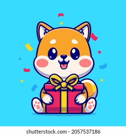 Cute Shiba Inu With Gift Box Cartoon Vector Icon Illustration. Animal Nature Icon Concept Isolated Premium Vector. Flat Cartoon Style