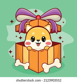 Cute Shiba Inu in Gift Box Cartoon Vector Icon Illustration. Animal Nature Icon Concept Isolated Premium Vector. Flat Cartoon Style