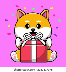 Cute Shiba Inu Con Ilustración Del Icono Del Vector De Cajas De Regalo. Concepto de dibujos animados planos