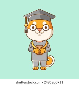 Cute shiba inu graduation animal kawaii chibi character mascot illustration outline style design set