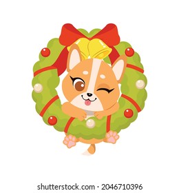 Cute shiba inu hanging in Christmas wreath. Flat vector cartoon design