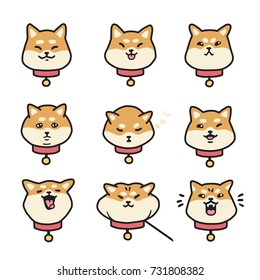 Cute Shiba Inu (head) Emotions Stickers Vector Set.