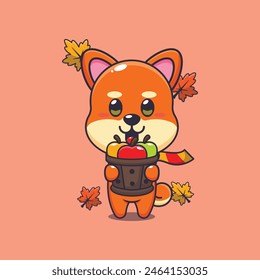 Lindo shiba inu sosteniendo una manzana en un cubo de madera. Ilustración vectorial de dibujos animados de la mascota conveniente para el póster, folleto, Web, mascota, etiqueta engomada, logotipo e icono.