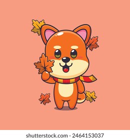 Lindo shiba inu sosteniendo la hoja de otoño. Ilustración vectorial de dibujos animados de la mascota conveniente para el póster, folleto, Web, mascota, etiqueta engomada, logotipo e icono.