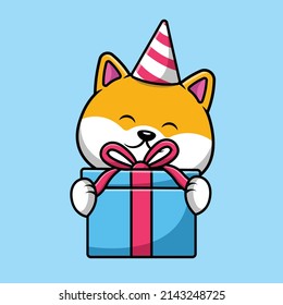 Cute Shiba Inu Holding Birthday Gift Box Cartoon Vector Icon Illustration. Animal Icon Concept Isolated Premium Vector