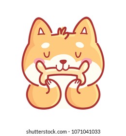 Cute Shiba Inu holding bone, eating. Set of dog characters in vector hand drawn style, cartoon illustrations. As logo, mascot, sticker, emoji, emoticon