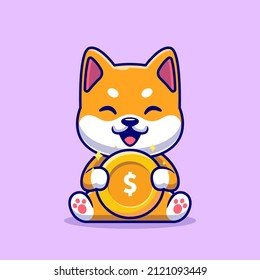 Cute Shiba Inu Holding Gold Coin Cartoon Vector Icon Illustration. Animal Finance Icon Concept Isolated Premium Vector. Flat Cartoon Style