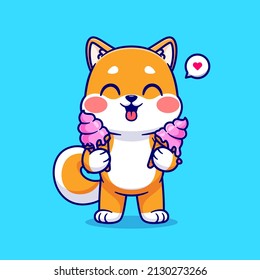 Cute Shiba Inu Holding Ice Cream Cartoon Vector Icon Illustration. Animal Food Icon Concept Isolated Premium Vector. Flat Cartoon Style