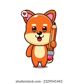 cute shiba inu holding pencil cartoon vector illustration.