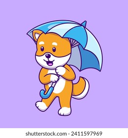 Cute Shiba Inu Holding Umbrella Cartoon Vector Icons Illustration. Flat Cartoon Concept. Suitable for any creative project.