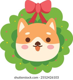 Cute Shiba Inu in Holiday Wreath Illustration