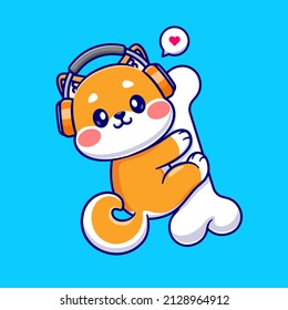 Cute Shiba Inu Hug Bone With Headphone Cartoon Vector Icon Illustration. Animal Nature Icon Concept Isolated Premium Vector. Flat Cartoon Style