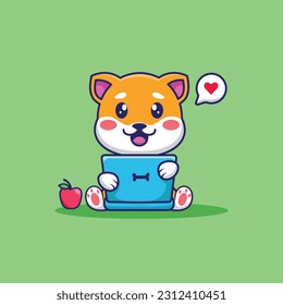 Cute Shiba Inu Hug The Laptop With Love and apple Vector In Funny Animal Cartoon Illustration Style. Premium Vector. Animal Cartoon Mascot Design