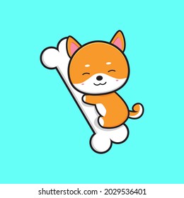 Cute shiba inu hug on bone cartoon icon illustration. Design isolated flat cartoon style