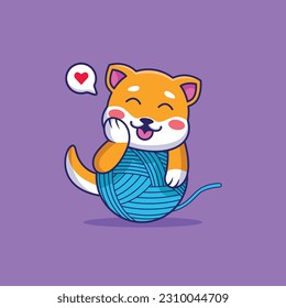 Cute Shiba Inu Hug Yarn Ball With Love Vector In Funny Animal Cartoon Illustration Style, Animal Mascot Design icon