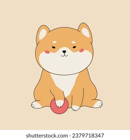 Cute shiba inu illustration. Kawaii shiba puppy design with a red ball.