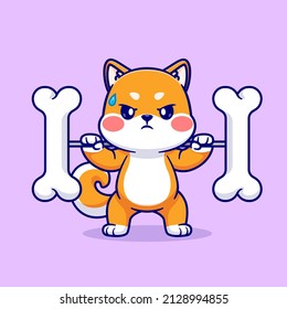 Cute Shiba Inu Lifting Bone Barbell Cartoon Vector Icon Illustration. Animal Sport Icon Concept Isolated Premium Vector. Flat Cartoon Style