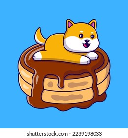 Cute Shiba Inu Lying On Pancake Cartoon Vector Icons Illustration. Flat Cartoon Concept. Suitable for any creative project.