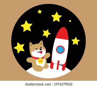 cute Shiba Inu mascot dogecoin vector design with a rocket arrived to the moon.